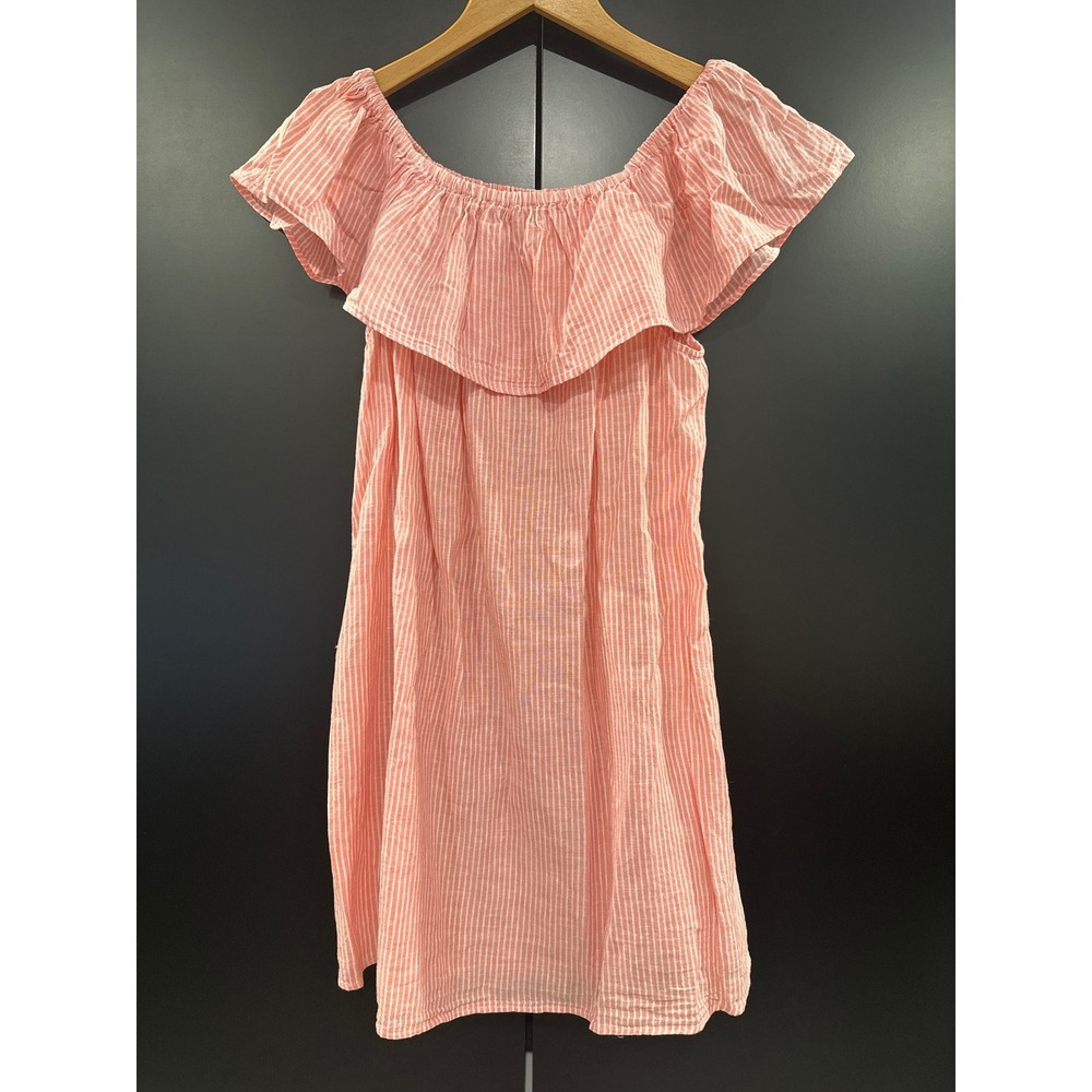 Faherty Pink White Striped Off Shoulder Ruffle Linen Blend Mini Dress Womens S